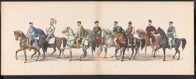 Maskerade av Leiden-studentene, 1870 (plate 13) Utkledd prosesjon holdt av medlemmene av Leiden studentkorps den 7. juni 1870, for å feire 295-årsjubileet for Leidsche Hoogeschool, som viser et besøk i Leiden i av Gerardus Johannes Bos