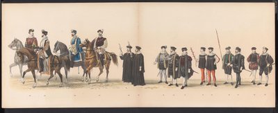 Masquerade of the Leiden Students, 1870 (plate 6) Utkledd prosesjon holdt av medlemmene av Leiden studentkorps den 7. juni 1870, for å feire 295-årsjubileet for Leidsche Hoogeschool, som viser et besøk i Leiden i av Gerardus Johannes Bos
