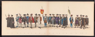 Masquerade of the Leiden Students, 1875 (plate 8) Maskerade holdt av medlemmene av Leiden studentkorps den 15. juni 1875 for å feire 300-årsjubileet for Leidsche Hoogeschool, avbildet Leidsche Hoogeschool, avbildet i av Gerardus Johannes Bos