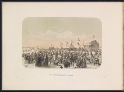 Skating på Maas i Rotterdam, 1855 Skøytebanen på Maas (tittel på objekt) Isunderholdningen på Maas i Rotterdam i februar 1855, med bildetekster (serietittel på objekt) av Gerardus Johannes Bos