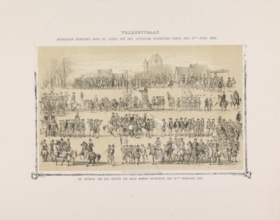 Folkets utgave. Maskerade holdt av medlemmene av Leydsche Studenten-Corps, 11. juni 1860. Hertugen av Anjous inntog i Antwerpen, 19. februar 1582. (tittel på objekt) av Gerardus Johannes Bos