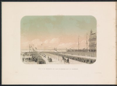 Race for hestevogner på Maas i Rotterdam, 1855 Utsikt over seleløpet med heste- og narreslede langs Willemskade (tittel på objektet) Isunderholdningen på Maas i Rotterdam i februar 1855, med bildetekster (serietittel på objekt) av Gerardus Johannes Bos