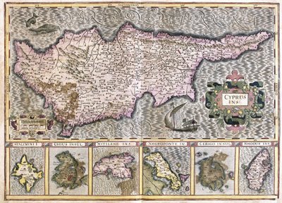 Kypros og øyene Stalimini (Lemnos) Chios, Mitilene, Negroponte, Cerigo og Rhodus (gravering av Gerardus Mercator