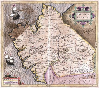 Galicia, Santiago de Compostela, Monforte de Lemos, nordvestlige Spania (gravering av Gerardus Mercator