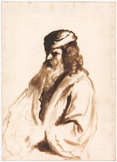 En skjeggete figur iført turban og pelsfrakk, halv lengde, dreid mot høyre av Gerbrand van den Eeckhout