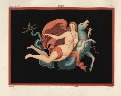 En Nereid (sjønymfe) i mantel og armbånd som rir på et sjømonster eller hippocampus, halvparten hest og halvparten fisk. Museo Naz. XXII, Stabiae. Tegnet og kromolitografert av Victor Steeger fra Emile Presuhn (1844-1878) De vakreste maleriene av Pompeii, av Geremia Discanno