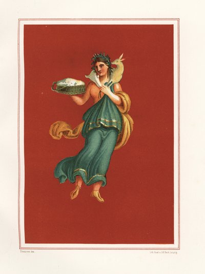 Allegorisk veggmaleri av våren fra vestsiden av atriumet til Regio IX.V.11. Hun holder en ostekurv og bærer et lam over skuldrene. Kromolitografi av JG Bach etter en illustrasjon av Geremia Discanno fra Emile Presuhn (1844-1878) av Geremia Discanno