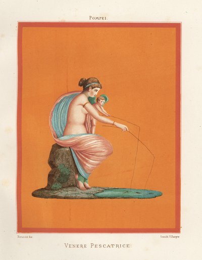 Veggmaleri av Venus og amorfiske med stenger fra en dam. Funnet i Regio VV3, Gladiatorenes hus. Kromolitografi av Victor Steeger etter en illustrasjon av Geremia Discanno fra Emile Presuhn (1844-1878) De vakreste maleriene av Pompeii, av Geremia Discanno