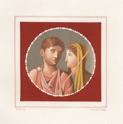 Portrett av en mann og kvinne fra et uidentifisert hus i Pompeii. Kromolitografi av Victor Steeger etter en illustrasjon av Geremia Discanno fra Emile Presuhn (1844-1878) De vakreste maleriene i Pompeii, Leipzig av Geremia Discanno