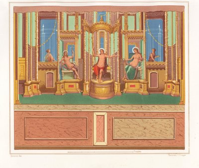 Veggmaleri som viser Bacchus, Venus og Apollo fra et bortgjemt sitteområde i et hjørne av en hage i Domus M. Herenulli Communis eller House of Apollo, Reg. VI, Ins. VII, nr. 23. Kromolitografi av Victor Steeger etter en illustrasjon av Geremia Discan av Geremia Discanno