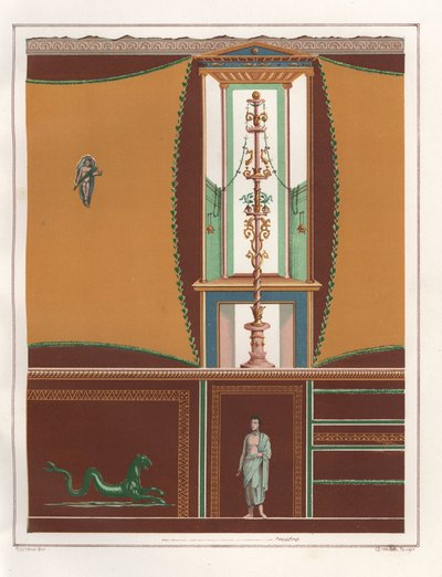 Veggmaleri med innrammede paneler fra en ostium (smal korridor) i Casa dell'Orso Ferito eller House of the Bear, Reg. VII, Ins. II, nr. 45. Kromolitografi av Victor Steeger etter en illustrasjon av Geremia Discanno fra Emile Presuhn (1844-1878) The av Geremia Discanno