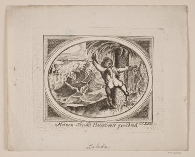 Amor ved et palmetre, peker utover et rasende hav. av Gerhard Ludvig Lahde