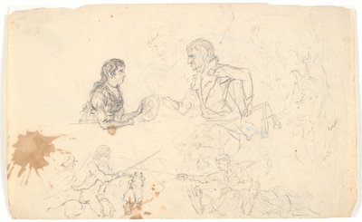 Arveprins Frederik med arveprinsen (Chr. VIII) og skisser av ryttere og figurer av Gerhard Ludvig Lahde