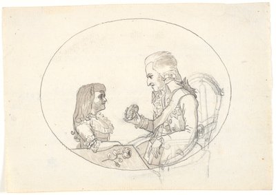 Kronprins Frederik med kronprinsen (Chr. VIII) viser et portrett av avdøde kronprinsesse Sofie Frederikke av Gerhard Ludvig Lahde