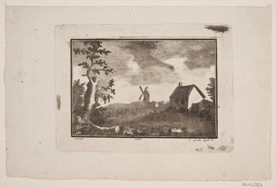 Landskap med hus og mølle av Gerhard Ludvig Lahde