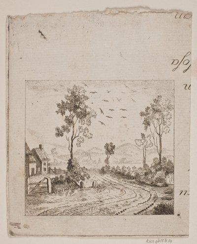 Landskap med hus ved vei med tre og flygende fugler av Gerhard Ludvig Lahde