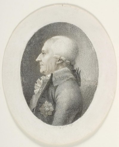 Portrett av A.P. Bernstorff, greve, statsminister (1735-1797). Bystebilde. Profil til venstre av Gerhard Ludvig Lahde