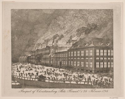 Prospekt for Christiansborg slotts brann 26. februar 1794 av Gerhard Ludvig Lahde