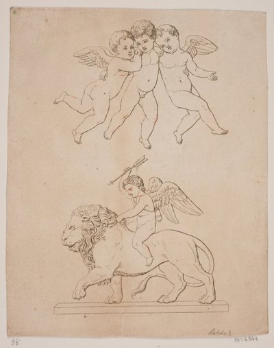Panel med tre amoriner og under amor på en løve av Gerhard Ludvig Lahde