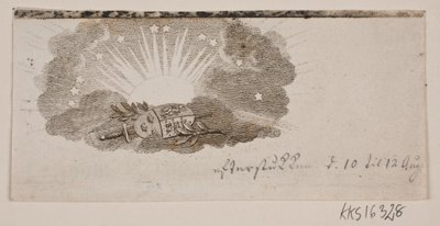 Vignetten med armene til de tre nordiske kongedømmene i skyer foran solen av Gerhard Ludvig Lahde