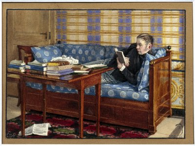 Portrett av poeten Vasili Zoukovsky (1783-1852). (Portrett av poeten Vasily Zhukovsky). Liggende på en sofa leser han, foran seg, hauger med bøker på et bord. Verk av Gerhard Wilhelm von Reutern (1794-1865), blyant og akvarell på papir av Gerhard Wilhelm von Reutern