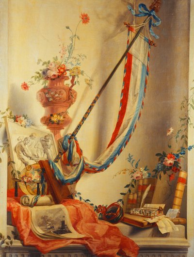 Et banner, blomster i en urne, et relieff, en globus, et trykk, et kompass, et skrivesett, bokstaver og Blaeus atlas i en nisje av Gerke Jans de Jager