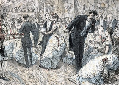 Samfunn og sosialt liv: ballen rundt 1880 (High society og sosialt liv: ballen) gravering fra "" The needs of life"" av Rengade av Gerlier Gerlier