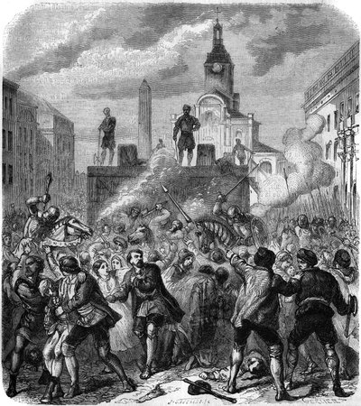 Stockholms blodsutgytelse, massakrer på svenske nasjonale motstandsledere beordret av kong Christian II av Danmark, 8. november 1520: hæren prøver å roe befolkningens sinne, tvunget til å se henrettelsene. Gravering av Gerlier av Gerlier Gerlier