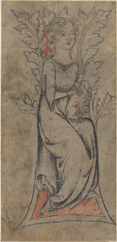Sittende jente med en hund av German 14th Century