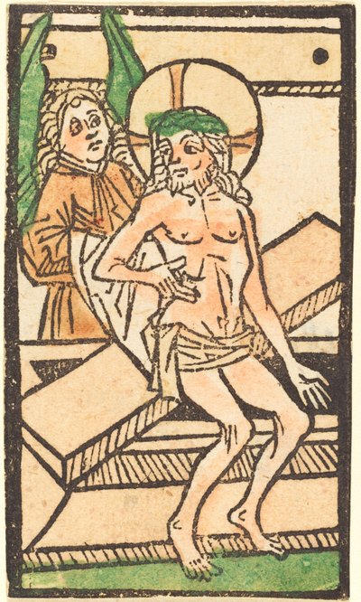 Kristus sitter på graven sin med én engel av German 15th Century