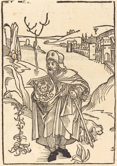 Gerson som pilegrim med byen i bakgrunnen av German 15th Century