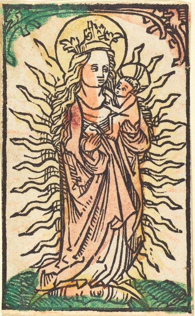 Madonna og barn i en herlighet som står på en halvmåne av German 15th Century