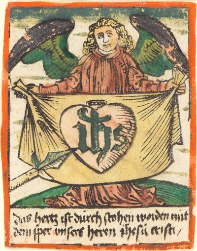 Hellig monogram i et hellig hjerte på en klut holdt av en engel av German 15th Century