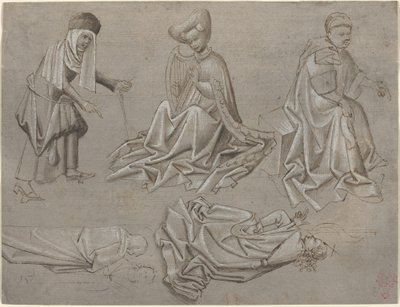 Studier for seks figurer (ark fra en modellbok) [recto] av German 15th Century