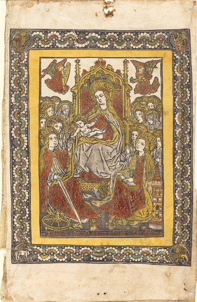 Madonnaen tronet med atten hellige kvinner av German 15th Century or Master with the Mountain Like Clouds