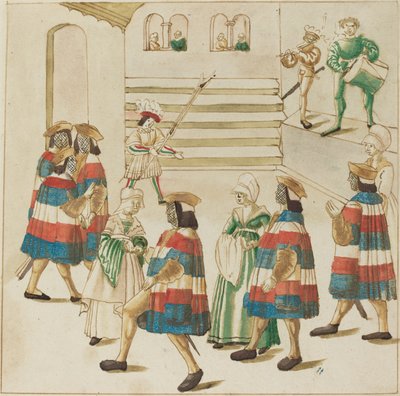 Menn i rødt, hvitt og blått danser med sine partnere av German 16th Century