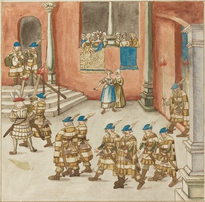 Ridderprosesjon sett av damer på en balkong av German 16th Century