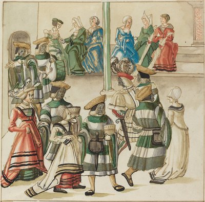 Tre dansende par ledet av to riddere i rom med kolonne av German 16th Century