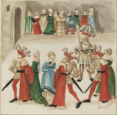 Tre menn i røde kapper danser med partnerne sine av German 16th Century