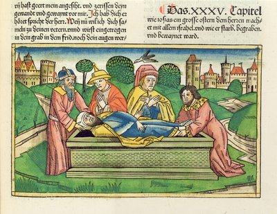 2. Krønikebok 35 24 Begravelse av Josiah, fra Nürnbergbibelen (Biblia Sacra Germanaica) (farget tresnitt) av German School