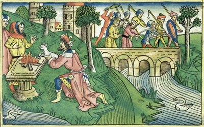 2. Kongebok 16 9-16 Folket i Damaskus blir tatt til fange, fra Nürnbergbibelen (Biblia Sacra Germanaica) (farget tresnitt) av German School