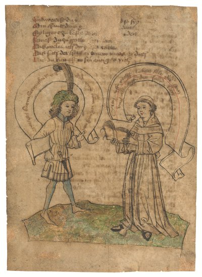 En fransiskanermunk og en ung mann, illustrasjon på et blad fra Das Spiegelbuch, på middelhøytysk, Øst-Schwaben, sannsynligvis Augsburg, ca. 1470-tallet (blekk på papir) av German School