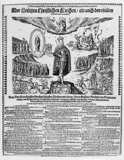 Et tysk broadsheet som viser Gustavus Adolphus som mester for den protestantiske sak av German School