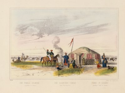 En Kalmyk (vest-mongolsk) familie som gjeter hester, billedlig broadsheet utgitt av Joseph Scholz, Mainz, ca. 1860 av German School