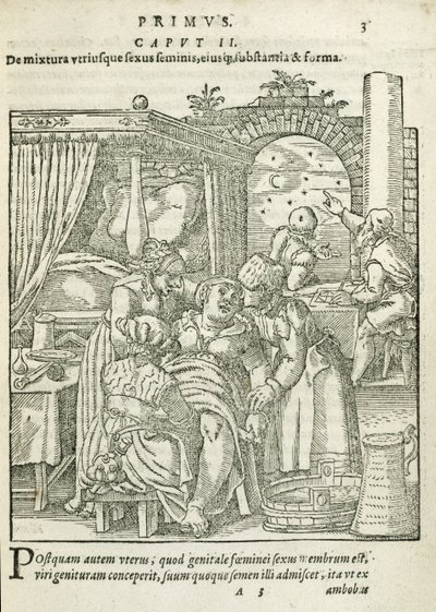 A Woman in Labour, illustrasjon fra kapittel 2, bok 1 av On the Conception and Growth of Man av Rueff, 1587 av German School