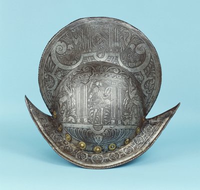 En kammorion, etset med kjerubhoder, sfinkser og bevingede hester, sentrum med en pseudo-klassisk kriger i moderne rustning med sverd og skjold av German School