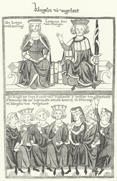 En skildring av Sangerkrieg, en konkurranse mellom minstreler på Wartburg-slottet i Thuringia i 1207, fra Codex Manesse (gravering) av German School
