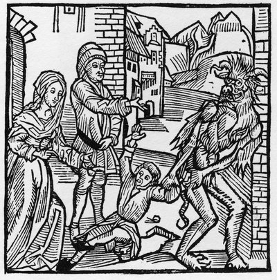 En djevel tar et barn foran øynene til foreldrene hans som hadde lovet ham ved pakt - I "Der Ritter von Turn"" av Knight Marquard vom Stein av German School