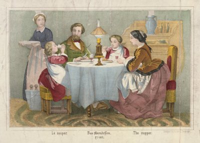 En familie på kveldsmåltidet sitt, billedlig broadsheet utgitt av Haider & Cronberger, Stuttgart, 1860 av German School