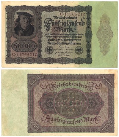En femti tusen marks seddel, 1922 (recto og verso) av German School